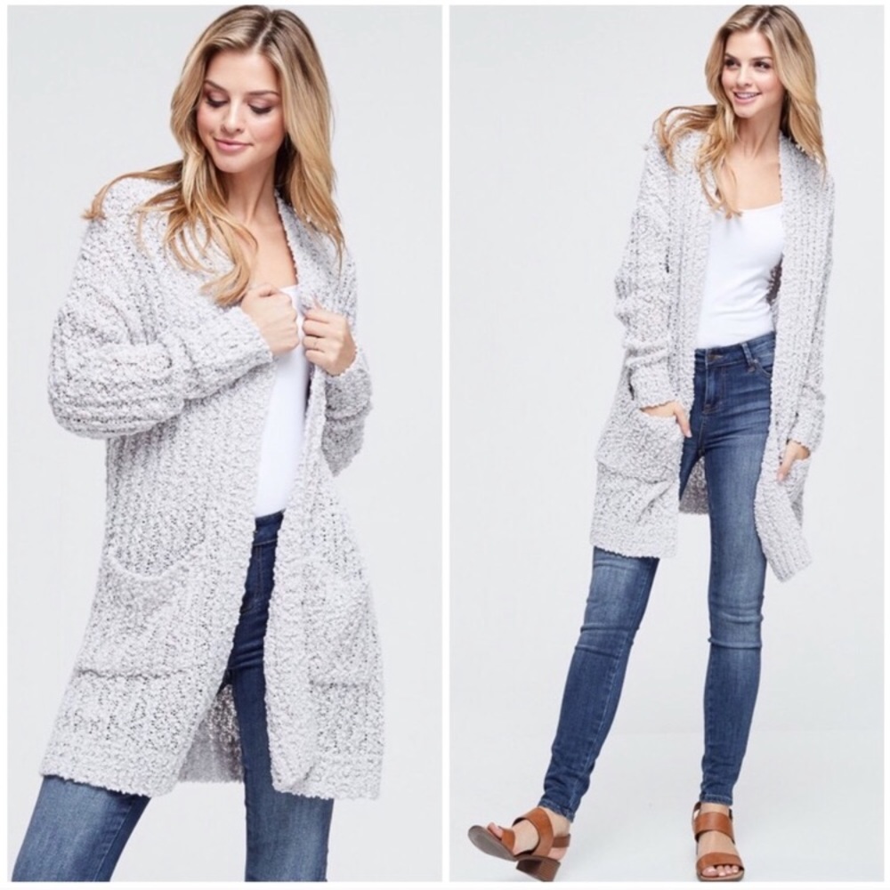 Soft Gray Knit Long Popcorn Cardigan w/ Pockets - Picture 2 of 3